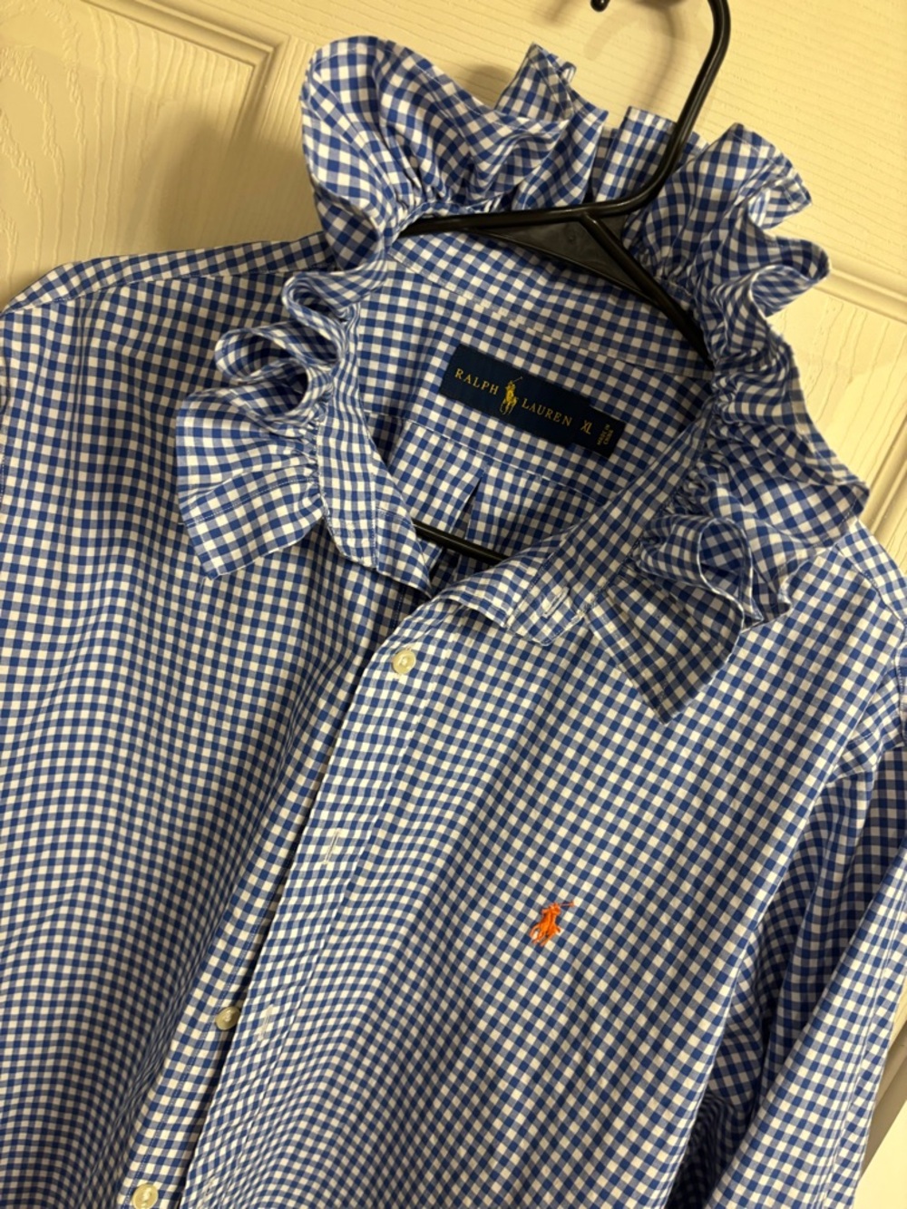 Ralph Lauren Blue and White Gingham Ruffle Collar Button-Down Shirt